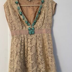 Nanette Lepore Beige Lace Top with Turquoise Accents